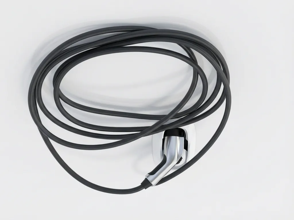 Elegante zwarte oplaadkabel verbonden met witte elektrische auto-oplaadpoort, minimalistische overhead compositie