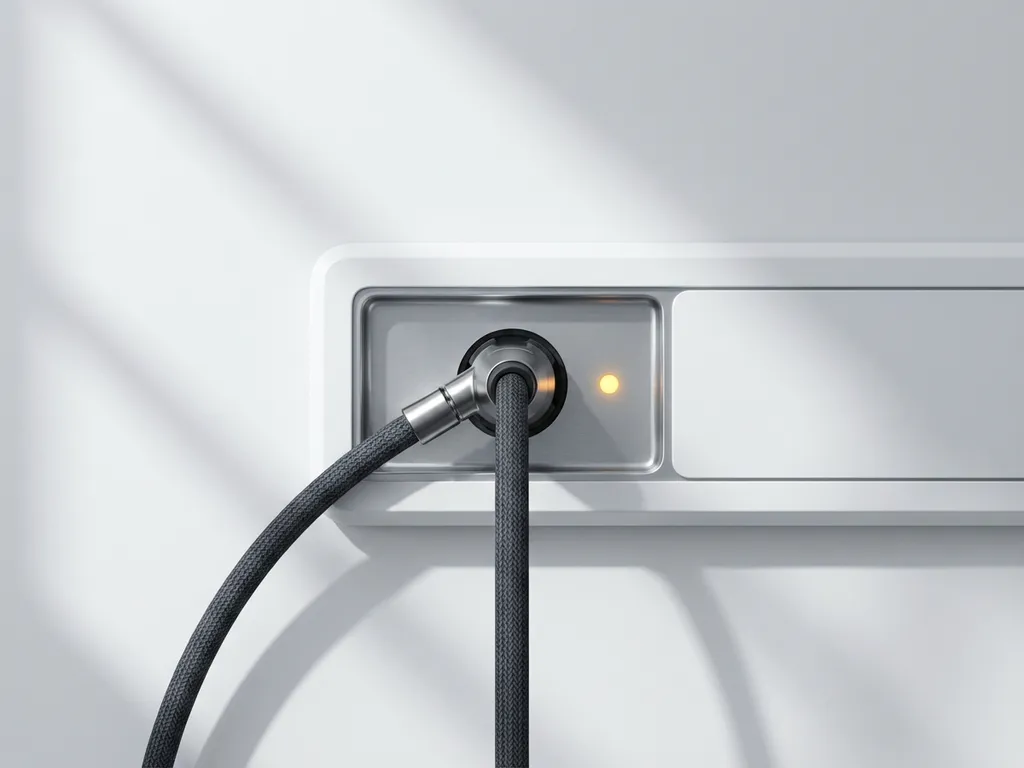 Elektrische auto oplaadkabel aangesloten op moderne laadpoort met gloeiende amber indicator op witte ondergrond