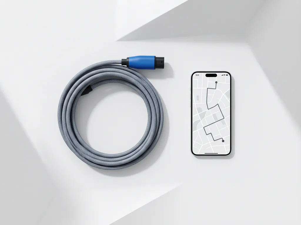 Opgerolde elektrische auto oplaadkabel naast smartphone met kaart-app op witte ondergrond, bovenaanzicht