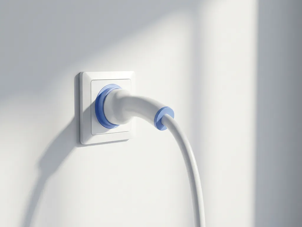 Witte elektrische voertuig oplaadkabel aangesloten op huishoudelijk stopcontact tegen minimalistische muur