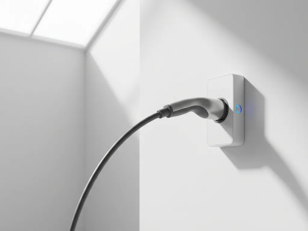 Elektrische auto oplaadkabel aangesloten op minimalistische witte wandlader met blauwe indicator