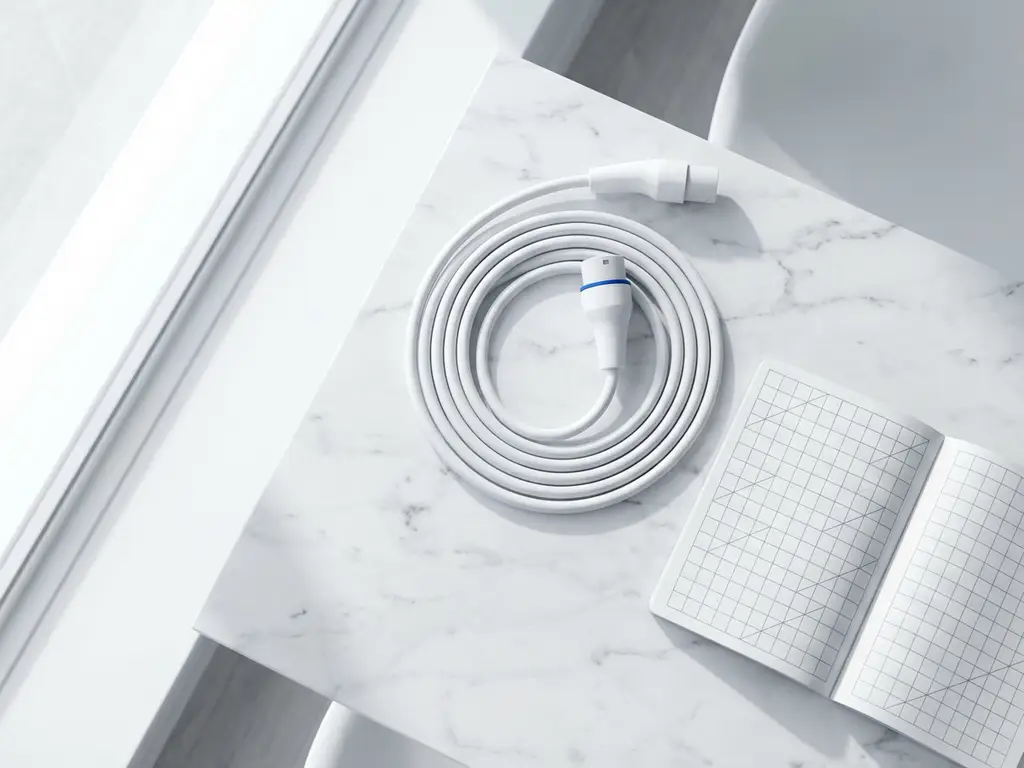 Witte elektrische voertuig oplaadkabel opgerold naast open notitieboek met rasterlijnen op marmeren bureau