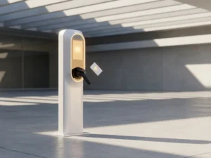 Wit elektrisch voertuig laadstation met digitaal toegangspaneel en zwevende sleutelkaart in moderne bedrijfsparkeergarage