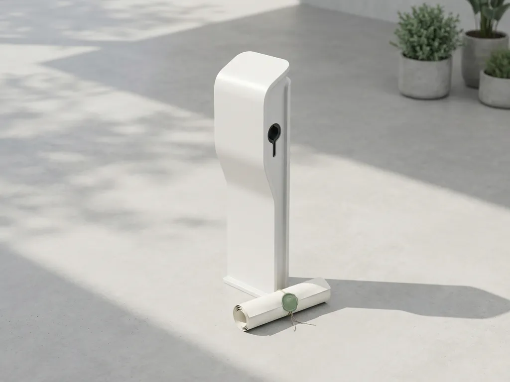 Witte elektrische laadpaal op betonnen ondergrond met opgerold overheidsdocument met groen zegel ertegenaan