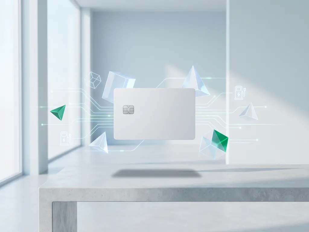 Witte elektrische voertuig oplaadkaart zweeft boven minimalistisch bureau met geometrische vormen en zachte blauwe tinten