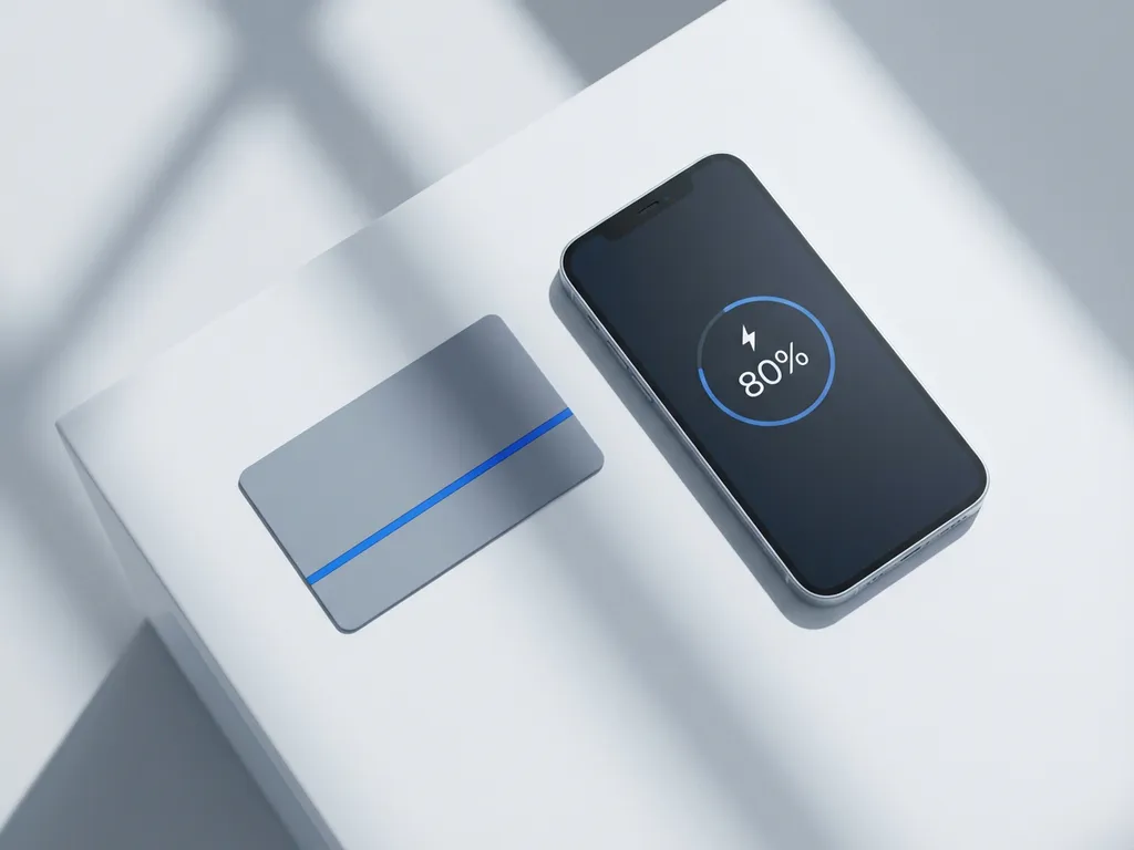 Elektrische voertuig oplaadkaart naast smartphone met laadapp op witte ondergrond, minimalistisch design met blauwe accenten