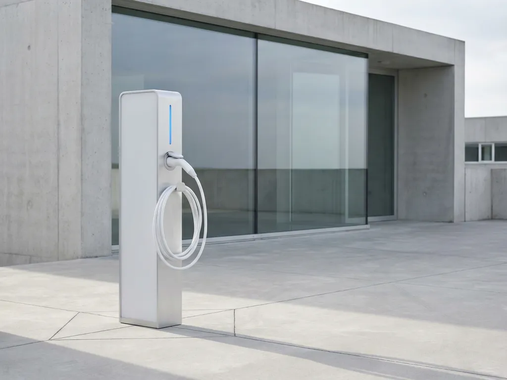 Elektrische laadpaal met witte kabel verbonden aan modern bedrijfsgebouw op betonnen ondergrond