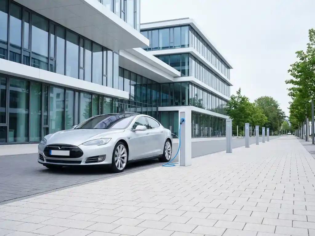 Elektrische auto laadt bij witte laadpaal naast glazen kantoorgebouw met openbare laadstations op achtergrond