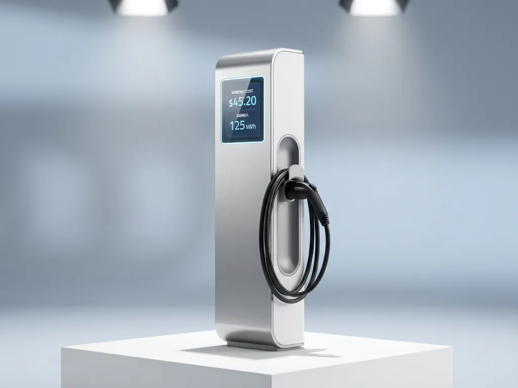 Elektrische laadpaal met digitaal display toont maandelijkse kosten op witte ondergrond met blauwe accenten