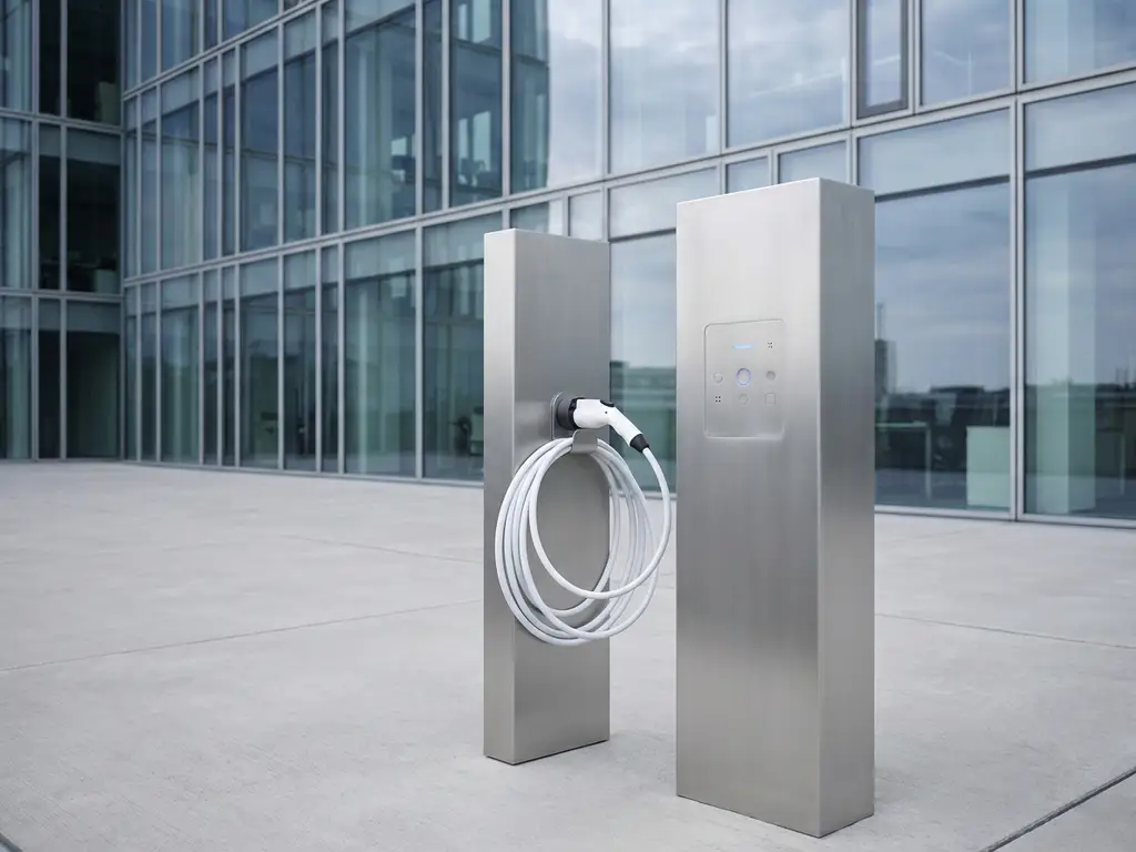 Elektrische laadpaal met witte kabel naast modern glazen kantoorgebouw op betonnen ondergrond