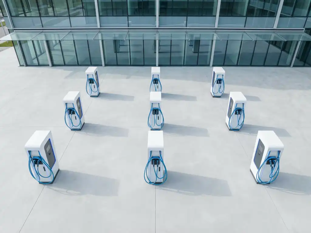 Elektrische laadstation met symmetrisch geplaatste witte laadpunten op betonnen oppervlak, modern glazen kantoorgebouw op achtergrond
