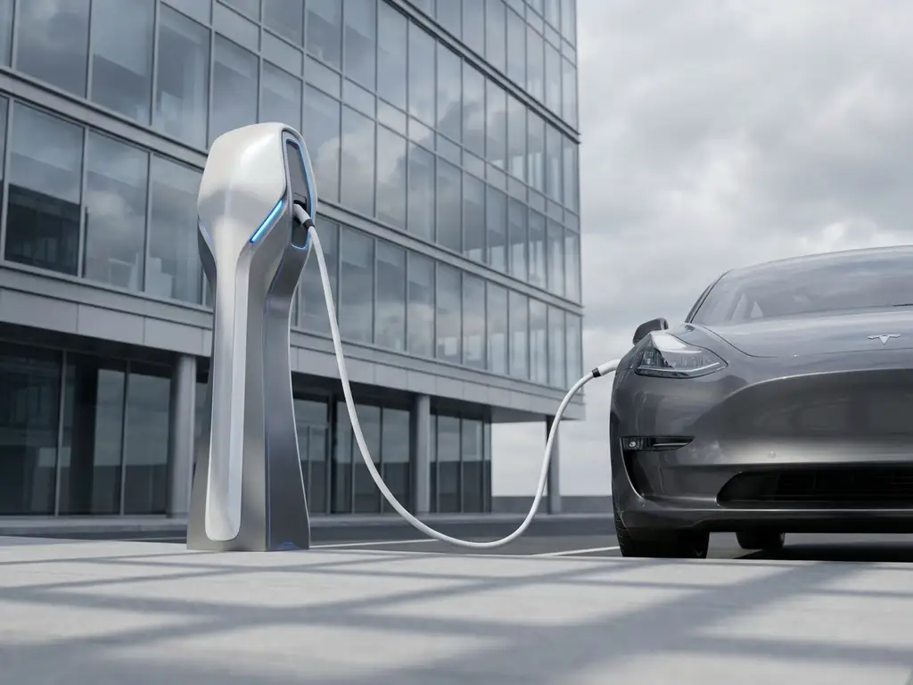 Moderne elektrische auto wordt opgeladen bij een strak laadstation tegen een glazen kantoorgebouw