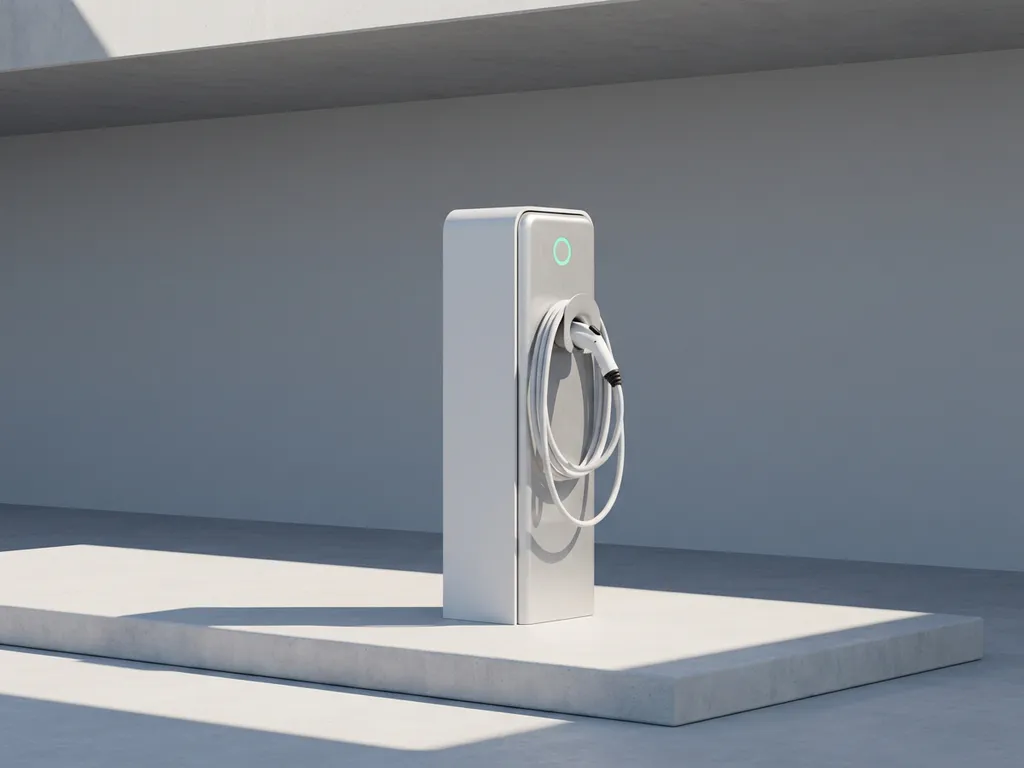 Elektrische auto laadstation met witte kabel op betonnen platform, groene LED-indicator en geometrische schaduwen