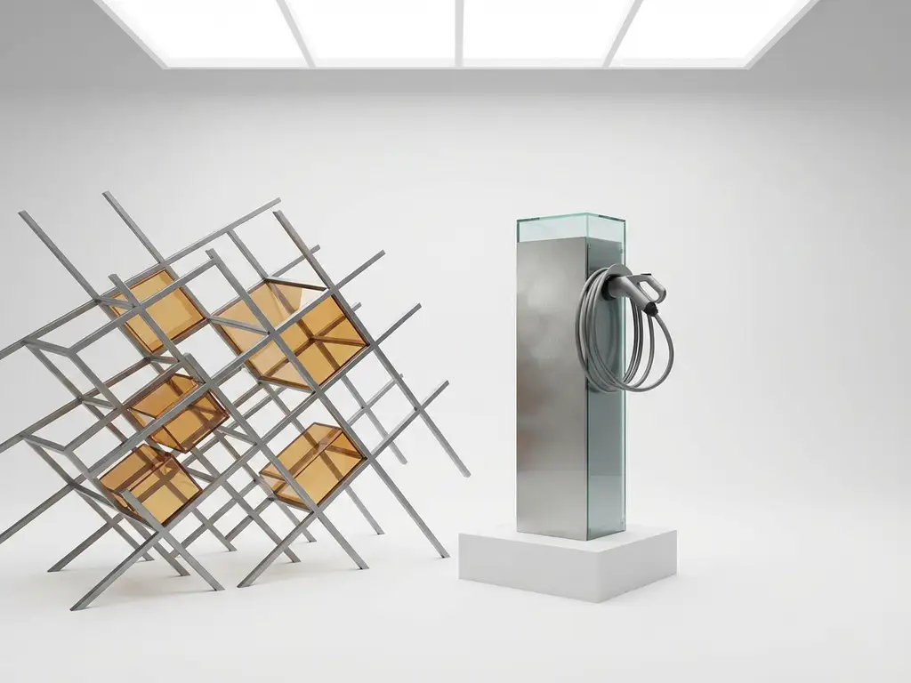 Elektrische laadpaal met ontkoppelde kabel naast gestileerde stroomnetmast op witte ondergrond met minimale schaduwen