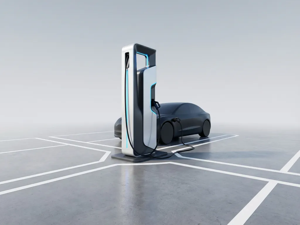 Elektrische auto oplaadstation op betonnen parkeerplaats met witte lijnen en moderne EV in minimalistische compositie