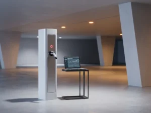 Elektrische laadpaal met rode waarschuwingslamp in moderne parkeergarage, laptop met netwerkdiagnostiek op metalen tafel