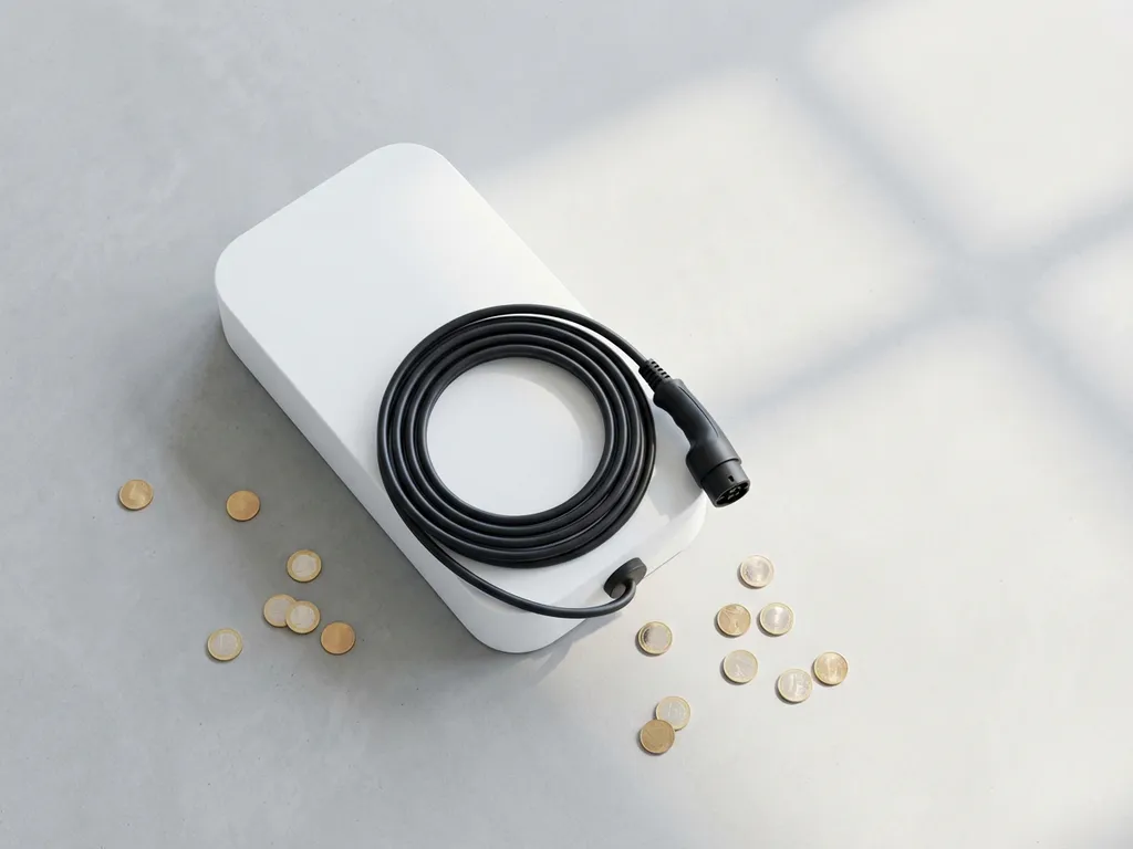 Witte elektrische laadpaal op betonnen ondergrond met opgerolde kabel en Nederlandse euromunten in zacht licht