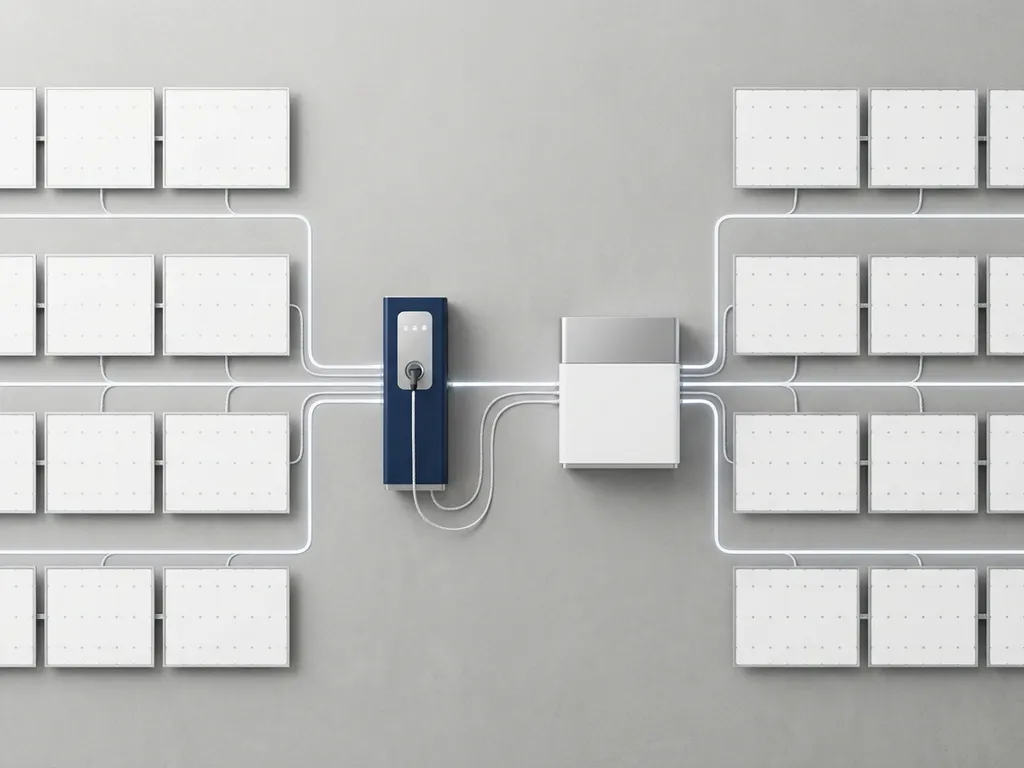Elektrische laadstation met geometrische kabels verbonden aan batterij-opslag en symmetrische zonnepanelen in minimalistisch ontwerp