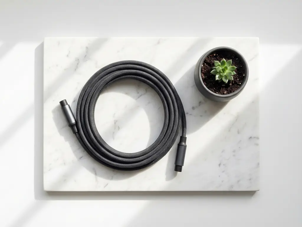 Elektrische auto oplaadkabel opgerold op wit marmer oppervlak naast kleine groene plant in keramieke pot