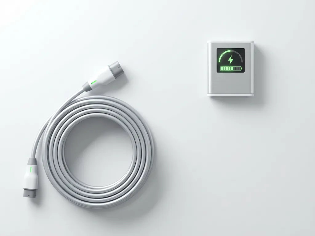 Elektrische auto oplaadkabel netjes opgerold naast digitale energiemeter op witte ondergrond, minimalistisch ontwerp
