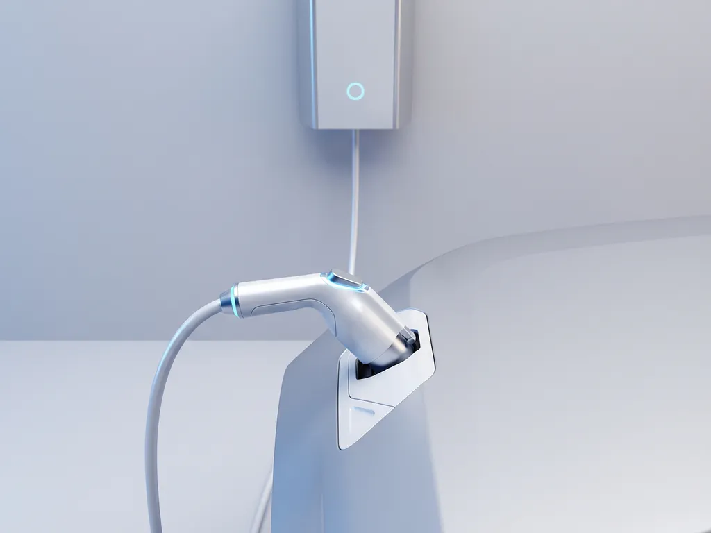 Elektrische auto oplaadkabel aangesloten op wit laadstation vanuit bovenaanzicht met minimalistisch design