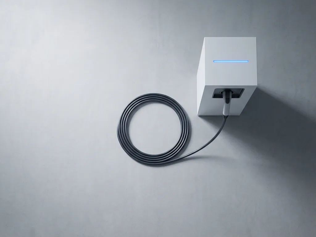 Elektrische auto oplaadkabel netjes opgerold naast wit laadstation op betonnen ondergrond, bovenaanzicht