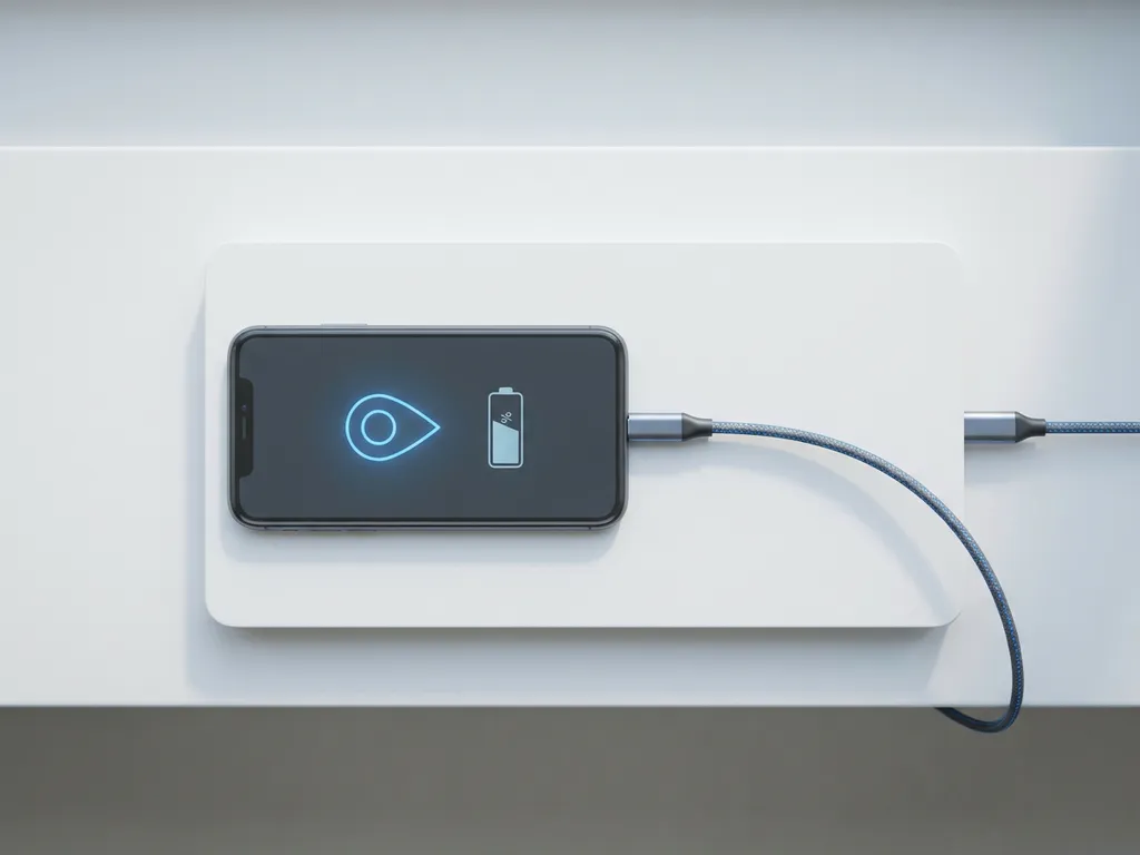Smartphone met EV-laadapp op witte laadstation, minimalistische interface met locatiepictogram en batterij-icoon
