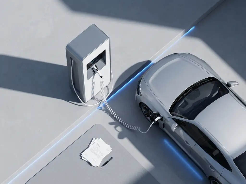 Elektrische auto oplaadstation met witte kabel en financiële documenten op betonnen oppervlak, bovenaanzicht