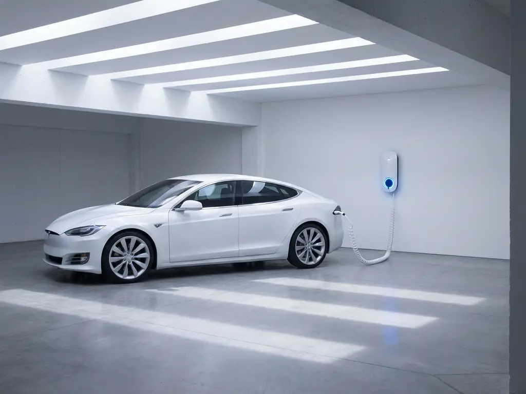 Elektrische auto aangesloten op wandlader in minimalistische witte garage met blauwe oplaadlicht en geometrische schaduwen