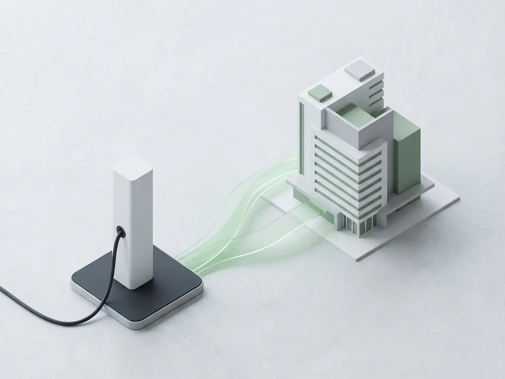 Elektrische auto laadt bij witte laadpaal naast modern kantoorgebouw met groene energiegolven, bovenaanzicht