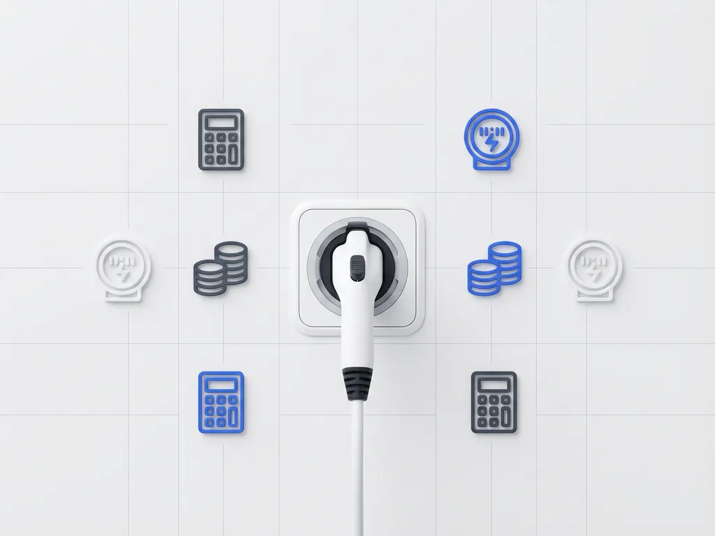 Witte elektrische voertuig oplaadkabel aangesloten op moderne laadpoort omringd door zwevende geometrische kosten-iconen
