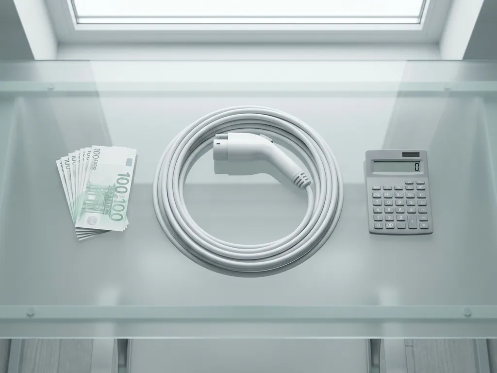 Witte elektrische auto oplaadkabel op glazen bureau naast eurobiljetten en rekenmachine in minimalistisch interieur