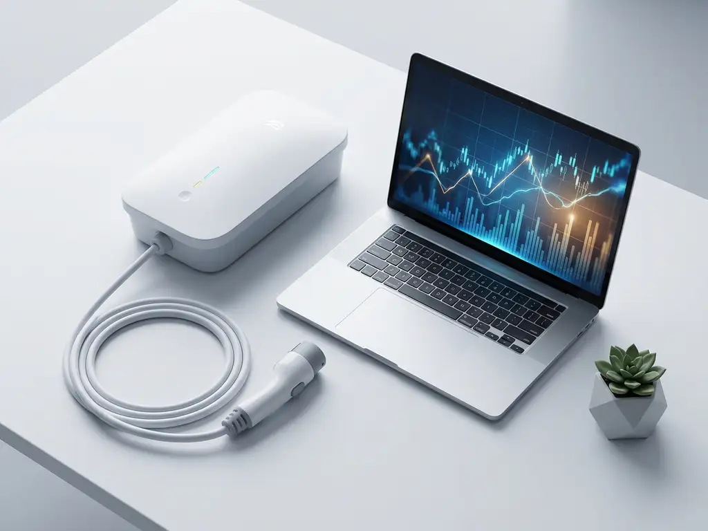 Elektrische voertuig laadstation met witte kabel naast laptop met financiële grafieken op wit bureau met vetplant