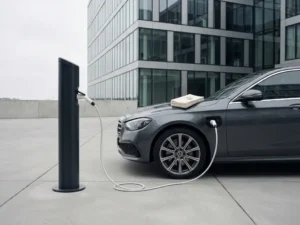 Elektrische auto wordt opgeladen bij moderne laadpaal naast glazen kantoorgebouw met belastingdocumenten op motorkap