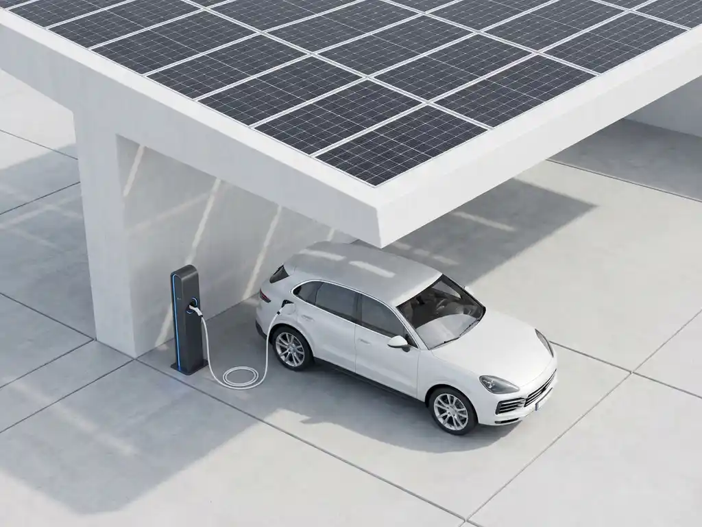 Elektrische auto wordt opgeladen onder zonnepanelen op witte overkapping, bovenaanzicht toont symmetrische architectuur