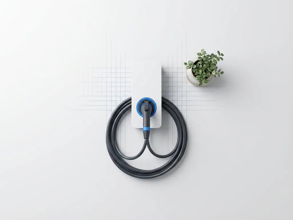 Elektrische auto oplaadkabel aangesloten op witte wandlader met geometrische lijnen en groene plant op achtergrond