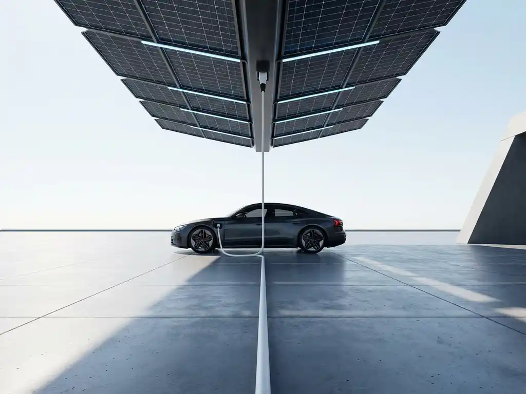 Elektrische auto aangesloten op zonnepanelen via witte laadkabel op betonnen ondergrond met geometrische patronen