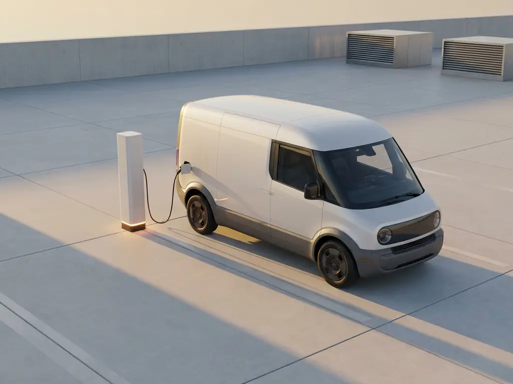 Moderne elektrische bestelwagen aangesloten op wit laadstation met geometrische schaduwen in gouden avondlicht