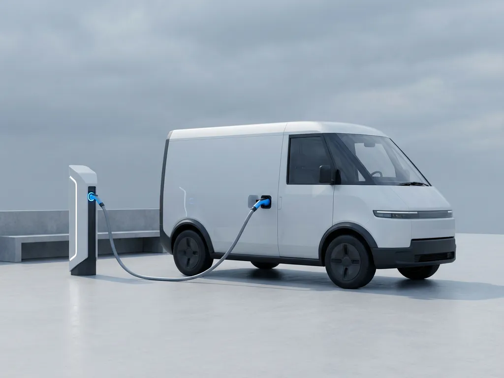 Witte elektrische bestelwagen aangesloten op moderne laadpaal met geometrische lijnen tegen grijze lucht