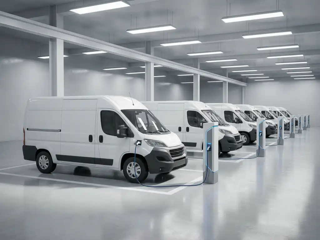 Witte elektrische bestelwagens bij moderne laadstations in minimalistische magazijnomgeving met blauwe accentverlichting
