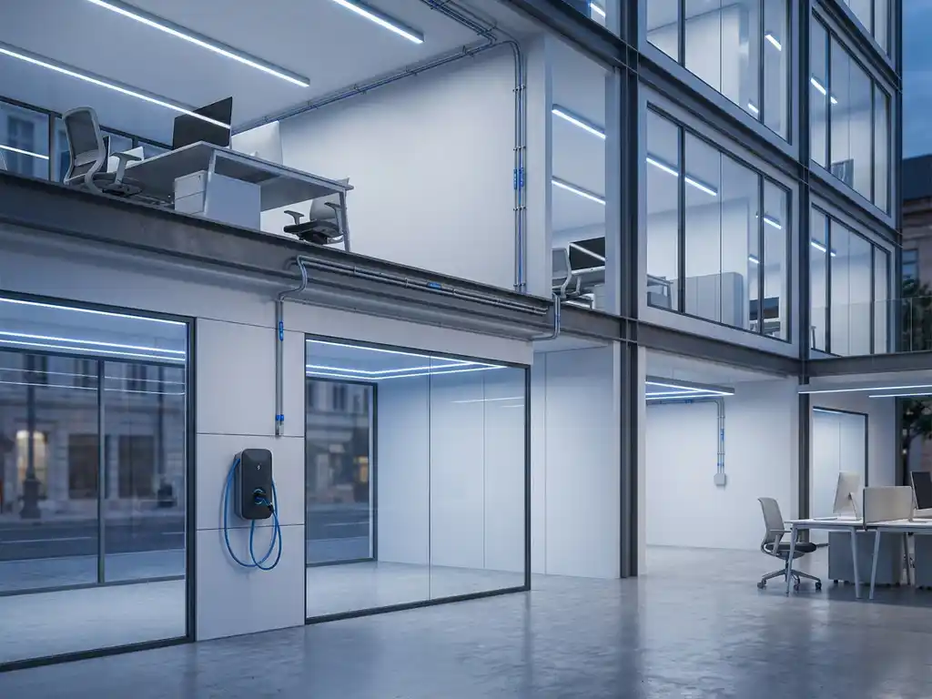 Modern kantoorgebouw dwarsdoorsnede toont elektrische infrastructuur met oplaadkabels door minimalistische leidingen en EV-oplaadpoort aan witte muren
