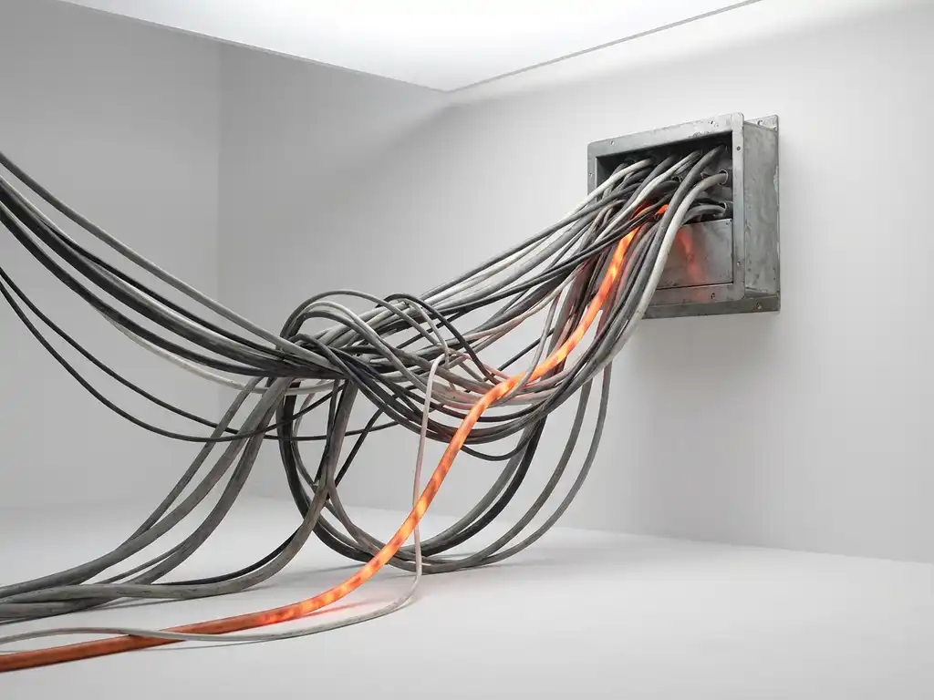 Verwarde elektrische kabels convergeren bij overbelaste verdeelkast, oranje kabel gloeit van overtollige energie