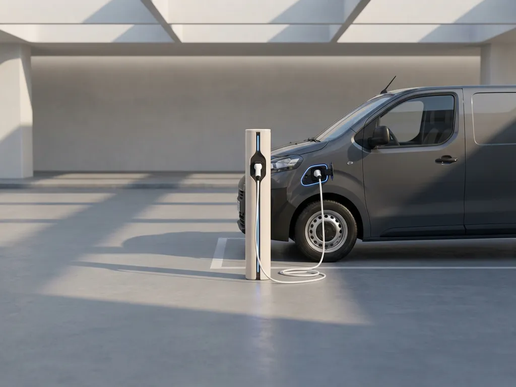 Elektrische bedrijfswagen aangesloten op laadstation met witte kabel in moderne parkeergarage met betonnen vloer