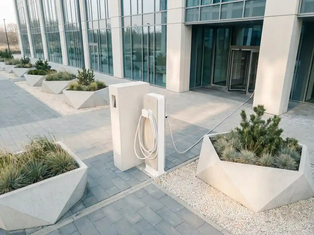 Moderne elektrische laadpaal met witte kabel bij kantoorgebouw, omringd door betonnen plantenbakken en minimalistische beplanting