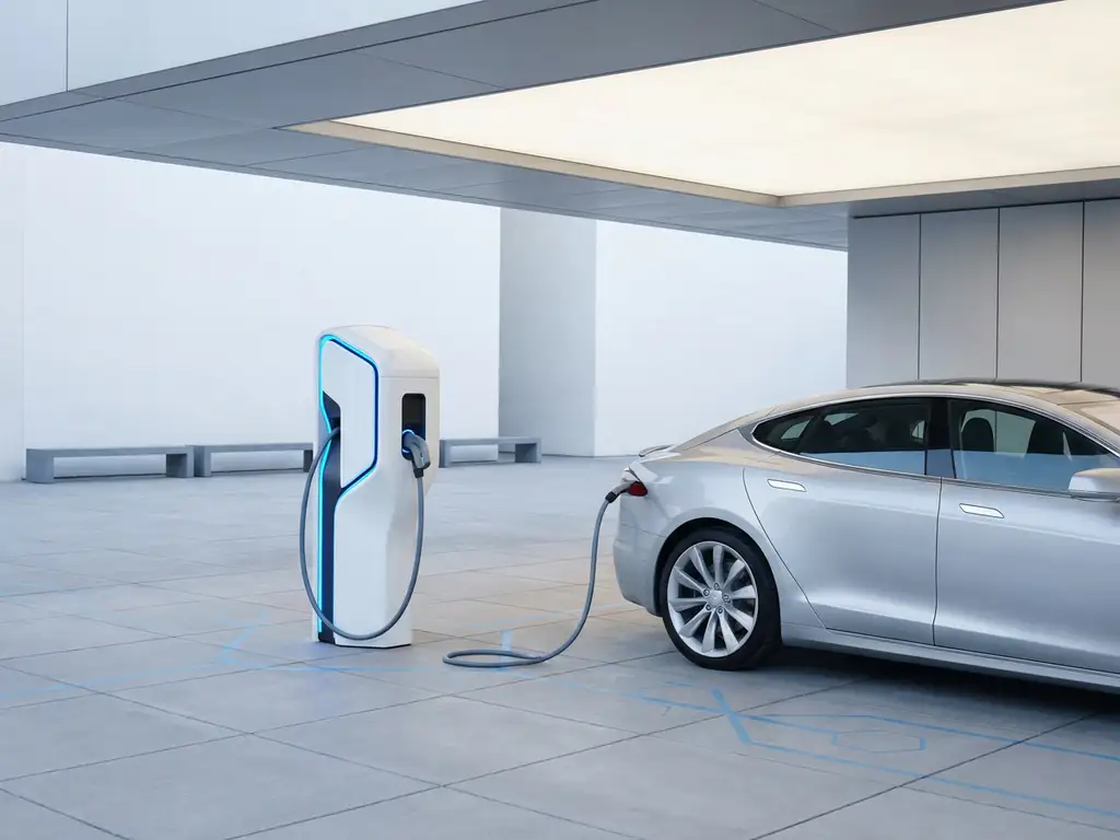 Moderne elektrische laadpaal met witte oppervlakken verbonden met elektrische auto op betonnen vloer