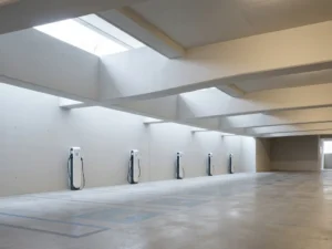 Moderne betonnen parkeergarage met witte EV-laadstations langs de muren, geometrische lijnen en natuurlijk licht door rechthoekige openingen