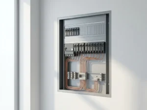 Moderne elektrische verdeelkast met geordende stroomonderbrekers en koperen bedrading op witte muur