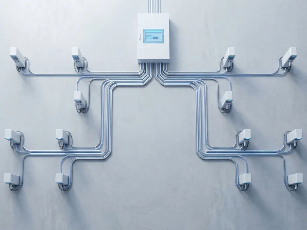 Witte elektrische verdeelkast met symmetrische circuits verbonden aan minimalistische EV-laadstations op betonnen ondergrond