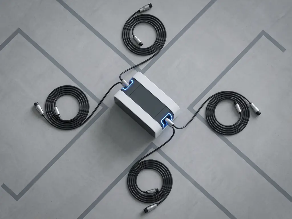 Elektrische laadstation met meerdere kabels op betonnen vloer met geometrische parkeervakmarkering, bovenaanzicht