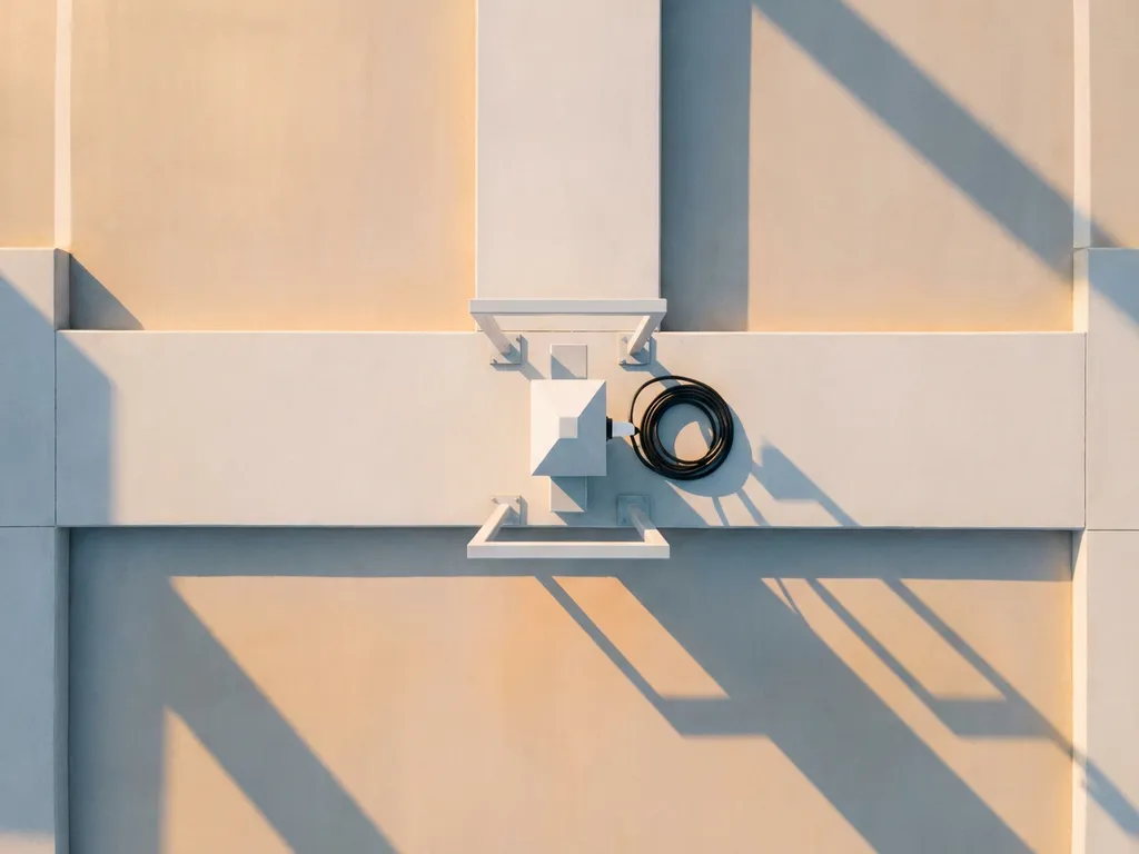 Moderne elektrische laadpaal met witte geometrische vormen op betonnen parkeerplaats, gouden zonlicht werpt scherpe schaduwen